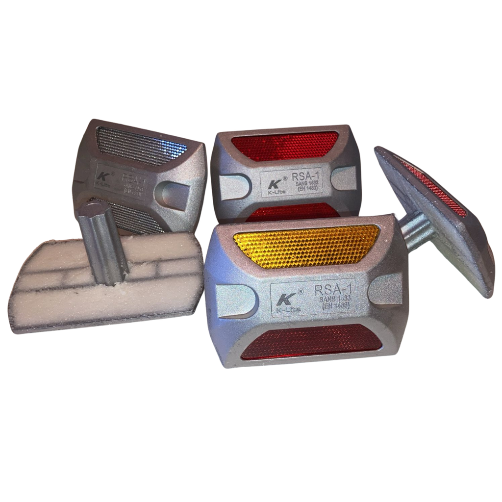 KT304 permanent aluminium road studs showing reflector colours and fixing shank