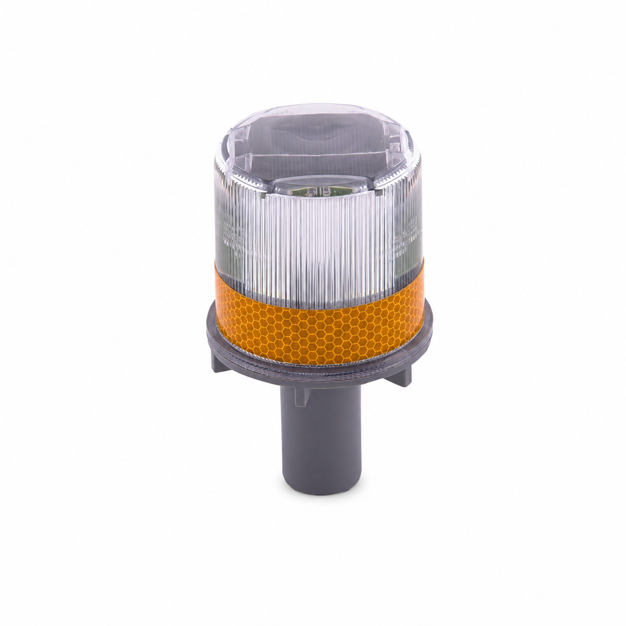 Warning solar cone light with amber reflective band on a white background